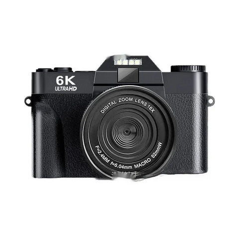 Black 6K Ultra HD digital mirrorless camera with 16X zoom and macro lens on white background