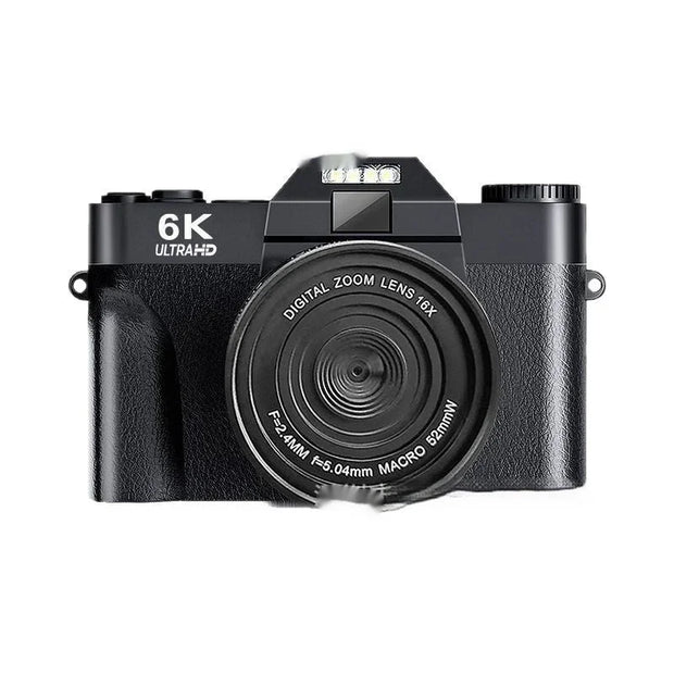 Black 6K Ultra HD digital mirrorless camera with 16X zoom and macro lens on white background