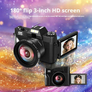 Black 6K ultra HD mirrorless digital camera with 180° flip 3-inch HD screen showing a girl’s selfie