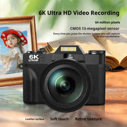 Retro-style black 6K ultra HD mirrorless camera with large lens on wooden surface