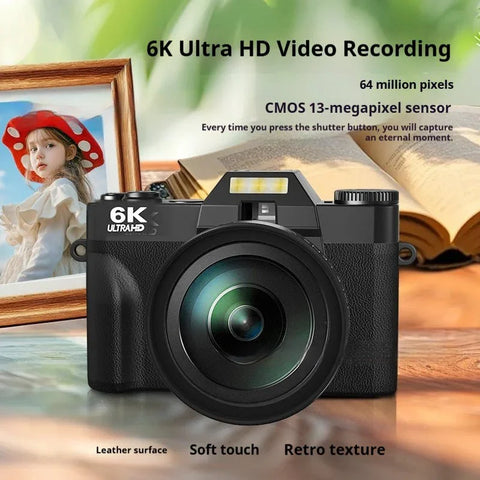Retro-style black 6K ultra HD mirrorless camera with large lens on wooden surface