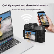 Retro-style mirrorless digital camera wirelessly sharing surfing photo to smartphone and laptop via Wi-Fi