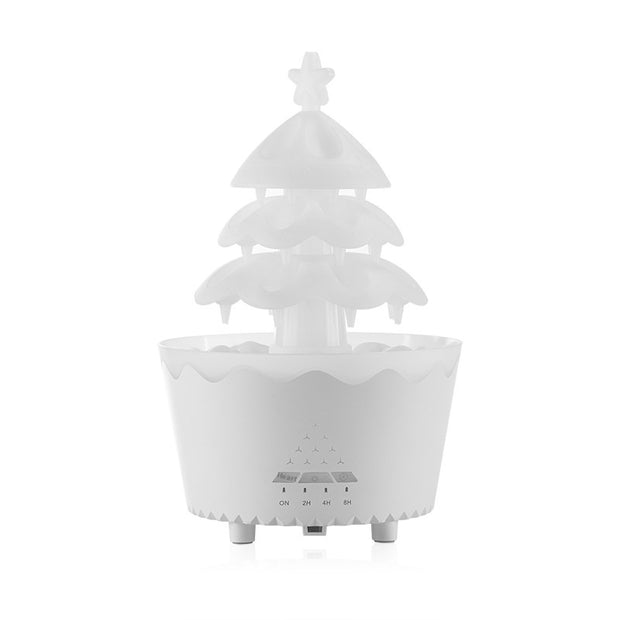 white Christmas tree shaped essential oil diffuser with timer settings on front