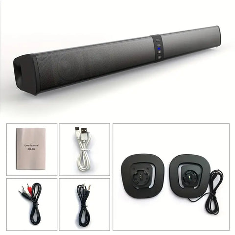 black Bluetooth soundbar with control buttons and included user manual, USB cable, audio cables, and two speaker mounts