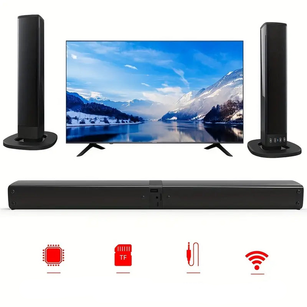 Home theater sound system with TV, two tall speakers, soundbar, showcasing wireless and TF card features