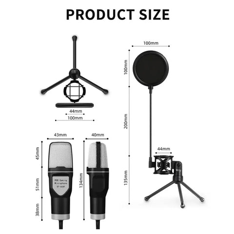 Dimensions of USB RGB gaming microphone with pop filter and tripod stand shown from multiple angles