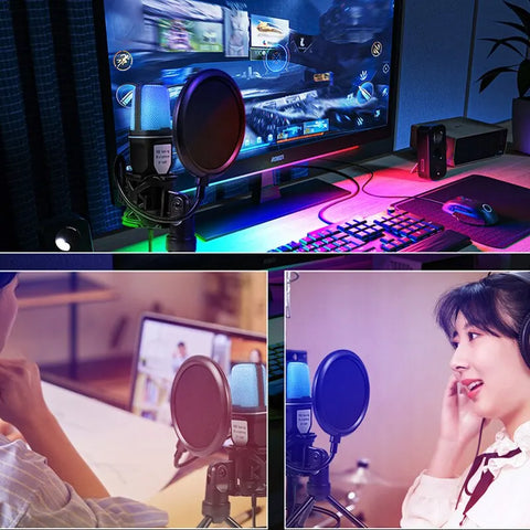 USB condensador microphone with RGB lighting setup for gaming, podcast recording, and streaming on desktop and laptop