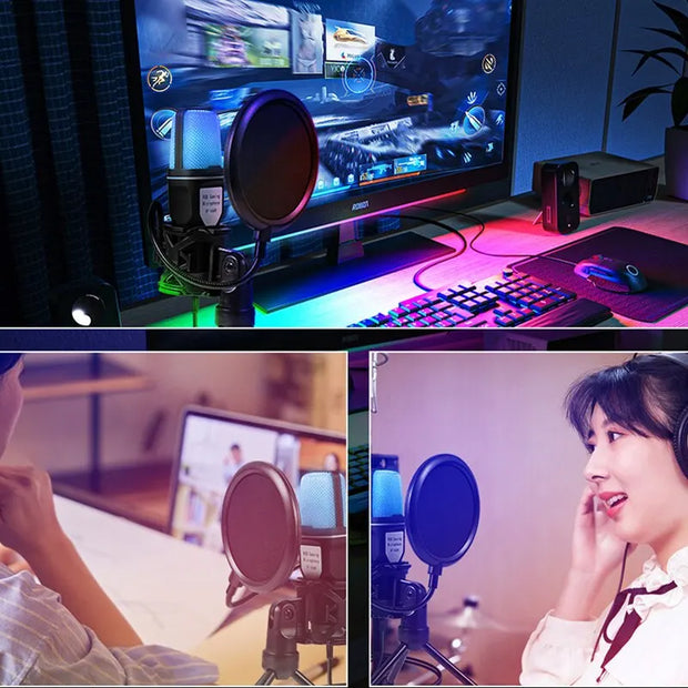 USB condensador microphone with RGB lighting setup for gaming, podcast recording, and streaming on desktop and laptop