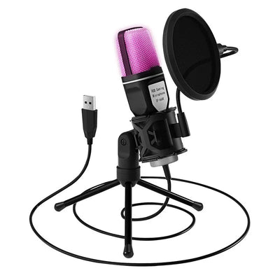 USB RGB gaming condenser microphone with pink LED, pop filter, shock mount, tripod stand, and cable