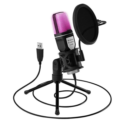 USB RGB gaming condenser microphone with pink LED, pop filter, shock mount, tripod stand, and cable