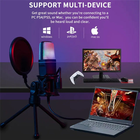 USB condenser microphone with pop filter and tripod stand, shown beside gaming PC setup and laptop, supporting Windows, PS4/PS5, Mac OS