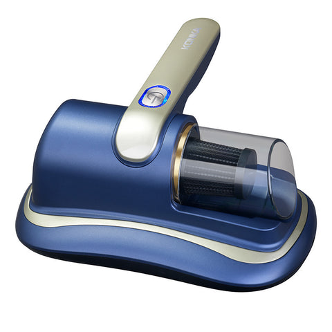 Blue and beige handheld vacuum cleaner with transparent dust container and power button