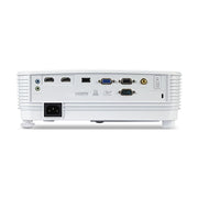 Rear view of white Acer P1157i DLP projector showing HDMI, VGA, USB, audio, and power ports
