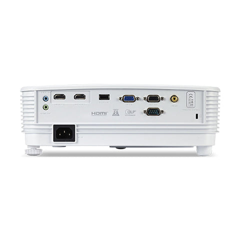 Rear view of white Acer P1157i DLP projector showing HDMI, VGA, USB, audio, and power ports