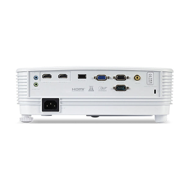 Rear view of white Acer P1157i DLP projector showing HDMI, VGA, USB, audio, and power ports