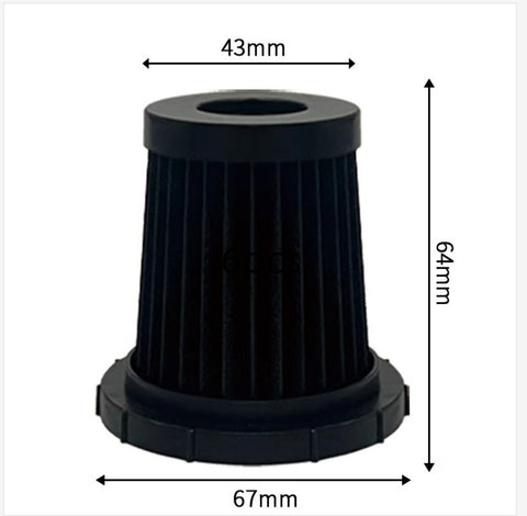 Black cylindrical pleated air filter with 43mm top, 67mm bottom diameter, and 64mm height