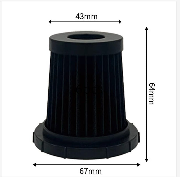 Black cylindrical pleated air filter with 43mm top, 67mm bottom diameter, and 64mm height