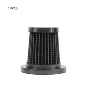 Black cylindrical pleated air filter with flanged base on white background