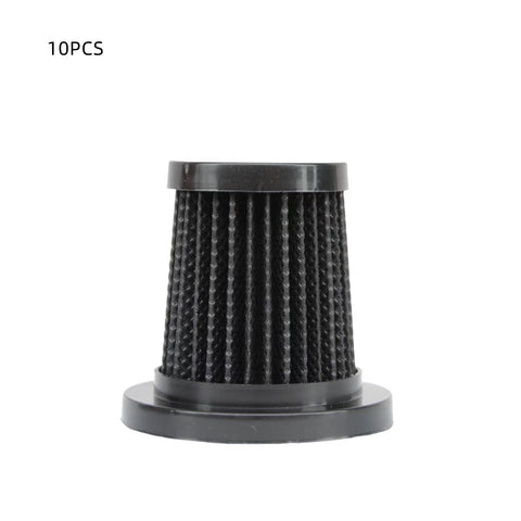 Black cylindrical pleated air filter with flanged base on white background