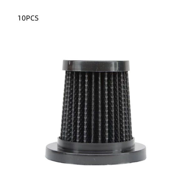Black cylindrical pleated air filter with flanged base on white background