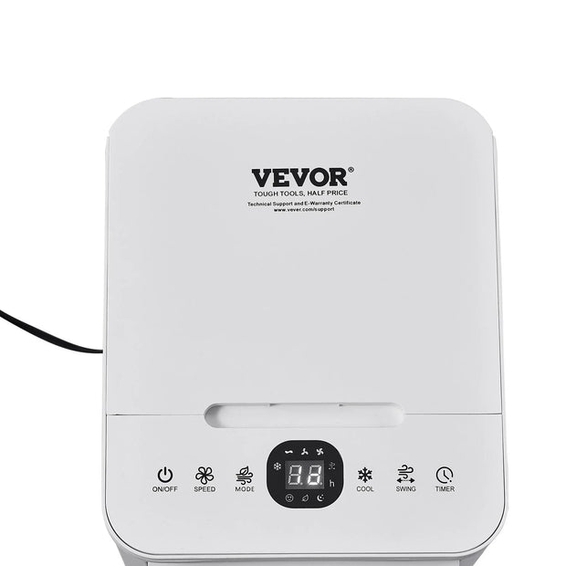 White Vevor portable air conditioner control panel with power, speed, mode, cool, swing, and timer buttons