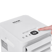 White Vevor portable air conditioner with digital control panel and finger pressing cool mode button