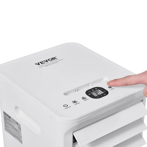 White Vevor portable air conditioner with digital control panel and finger pressing cool mode button