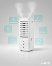 White portable air cooler with 9L water tank, remote control, smart control, 550 CFM airflow, timer modes