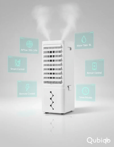 White portable air cooler with 9L water tank, remote control, smart control, 550 CFM airflow, timer modes