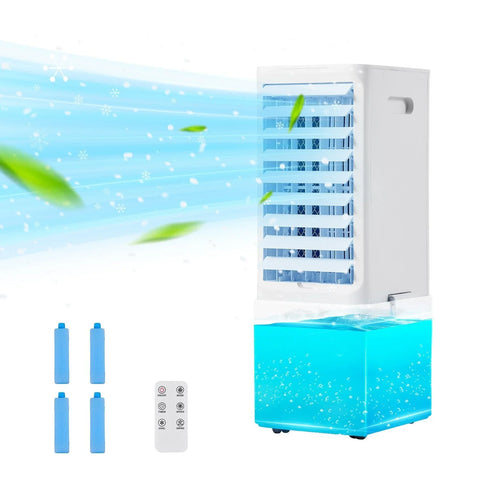Portable white air cooler with blue water tank and remote, blowing cool air with leaves and snowflakes