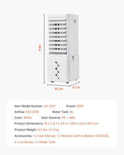 White portable air conditioner JH-120Y with 9L water tank and dimensions 10.2x8.7x24 inches
