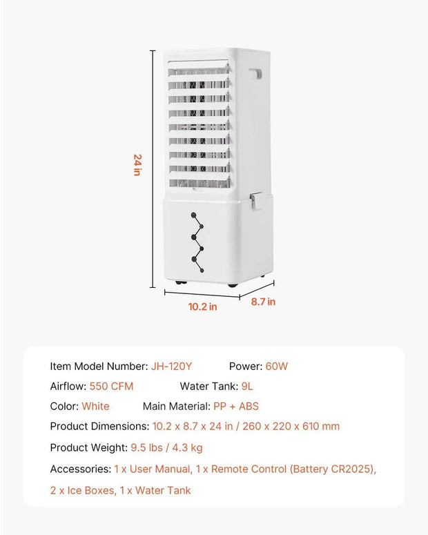 White portable air conditioner JH-120Y with 9L water tank and dimensions 10.2x8.7x24 inches