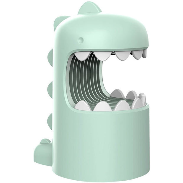 Mint green dinosaur-shaped mosquito zapper lamp with open mouth design and white teeth