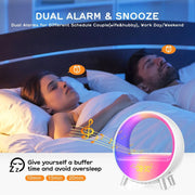 Modern dual alarm clock with snooze feature, showing 8:30 AM, beside sleeping couple in bed