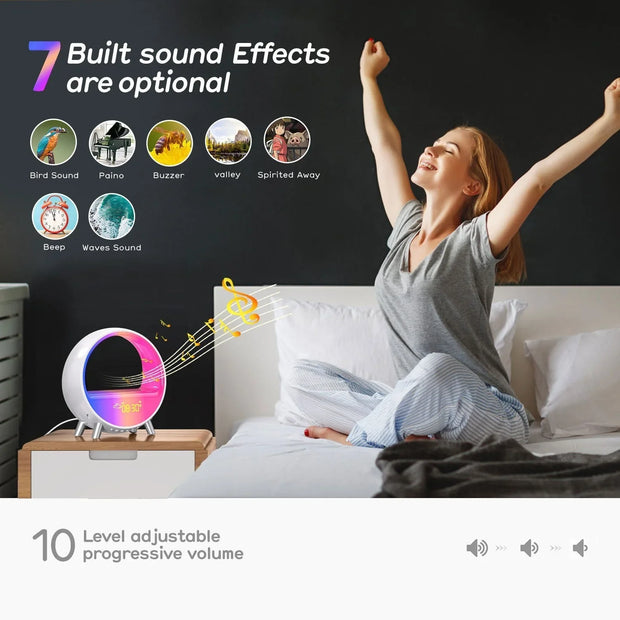 Woman stretching on bed next to round atmosphere lamp Bluetooth speaker playing music