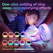 Child sleeping with teddy bear beside a colorful Bluetooth atmosphere lamp with nine sleep modes
