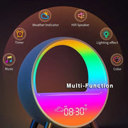 round multi-function Bluetooth speaker lamp with digital clock, weather indicator, and colorful lighting effects
