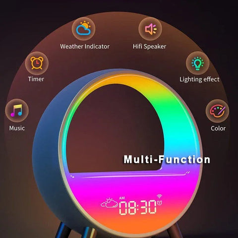 round multi-function Bluetooth speaker lamp with digital clock, weather indicator, and colorful lighting effects