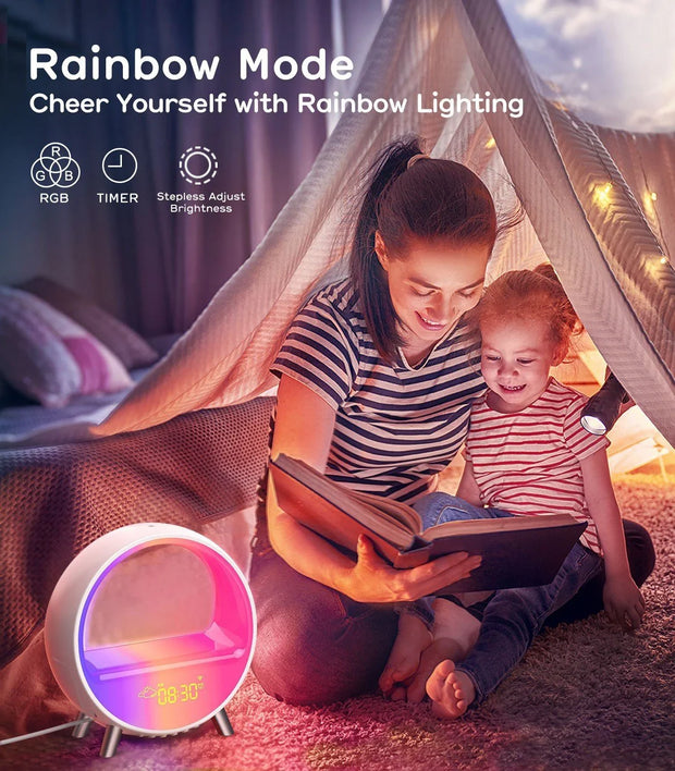 Mother and child reading in a cozy tent with RGB atmosphere lamp showing 8:30 and rainbow lighting