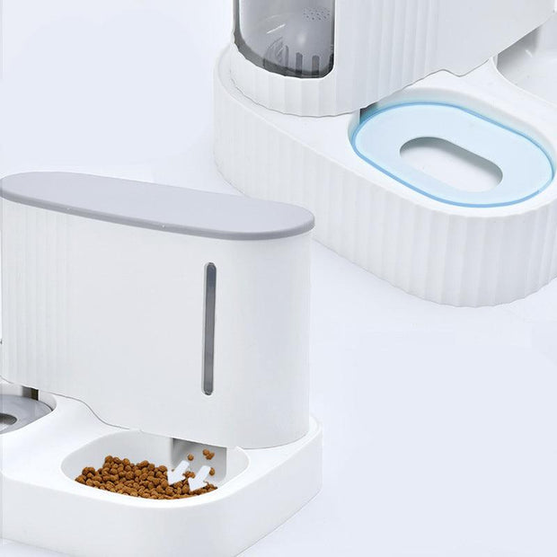 automatic white pet feeder dispensing dry food with a clear water dispenser and blue-ringed drinking fountain