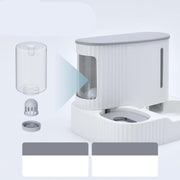White automatic pet feeder and water fountain with transparent component parts shown separately