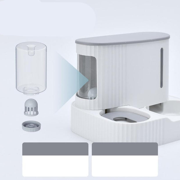 White automatic pet feeder and water fountain with transparent component parts shown separately