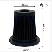 Black cylindrical pleated air filter with dimensions 43mm top, 67mm base, 64mm height, pack of 6pcs