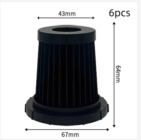 Black cylindrical pleated air filter with dimensions 43mm top, 67mm base, 64mm height, pack of 6pcs