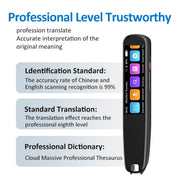 Portable language translator device with colorful touchscreen icons and professional translation features