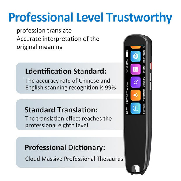 Portable language translator device with colorful touchscreen icons and professional translation features