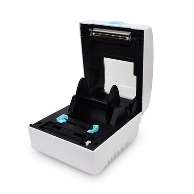 Open white Bluetooth thermal label printer showing black interior and paper feed rollers