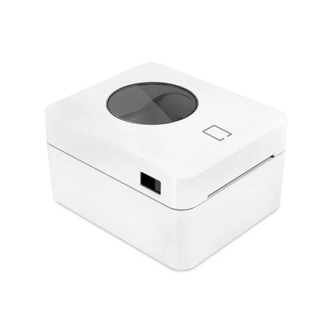Compact white Bluetooth express printer with rounded edges and a circular black window on top