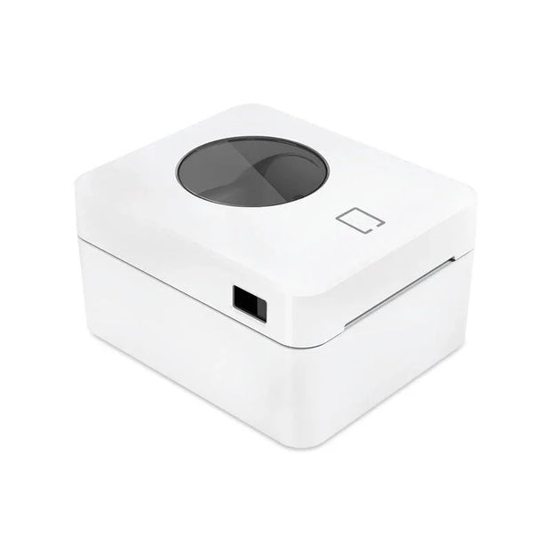Compact white Bluetooth express printer with rounded edges and a circular black window on top