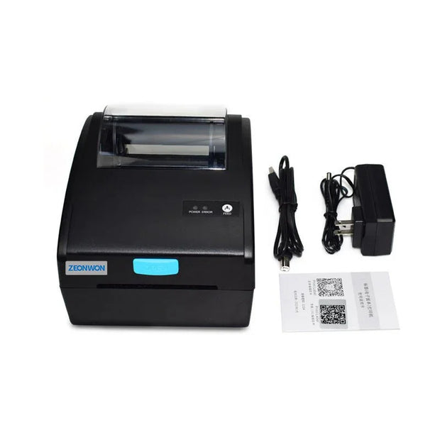 Black ZEONWON Bluetooth thermal receipt printer with power adapter, USB cable, and printed QR code paper